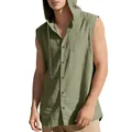 Detail of men's sleeveless hooded linen shirt in sage green showing fabric texture - Army Green