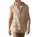 Detailed view of a khaki sleeveless hooded linen shirt showing high-quality fabric texture - S / Tops / Khaki