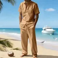 Detalle del conjunto de verano de lino caqui para hombre con camisa y pantalones - Caramelo