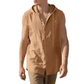 Vista ravvicinata della camicia con cappuccio senza maniche, trama lino e bottoni. - Colore caramello