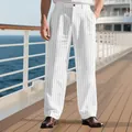 Witte linnen herenbroek met zwarte verticale strepen voor een zomerse uitstraling - S / Bottoms / Wit