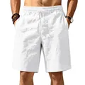 Detail view of men's white breathable cotton linen drawstring beach shorts - S / Bottoms / White