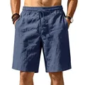 Close-up detail of men's blue linen casual beach shorts with elastic waist and drawstring - Navy Blue