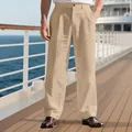 Detail van gestreepte linnen herenbroek met een klassieke rechte pasvorm en ademende stof - S / Bottoms / Khaki