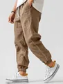 Casual men's breathable linen blend jogger pants in khaki color with drawstring waist - Caramel color