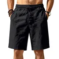 Detailed view of men's black breathable linen casual shorts with drawstring waist and pockets - S / Bottoms / Black