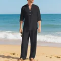 Heren casual zwart linnen strandset met shirt met lange mouwen en losse broek op het strand - S / Boven- En Onderstuk / Zwart