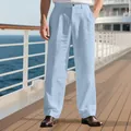 Close-up detail of men's light blue striped linen casual trousers worn on a ship deck - Light Blue