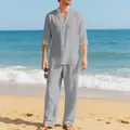 Stijlvolle grijze linnen strandset voor heren met shirt met lange mouwen en ademende broek - S / Boven- En Onderstuk / Grijs