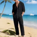 Λεπτομέρεια ανδρικού casual μαύρου λιννού σετ παραλίας με κουκούλα και παντελόνι - S / Τοπ Και Παντελόνι / Μαύρο