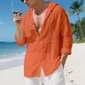 Casual men's long sleeve orange linen hooded shirt for summer beach wear - S / Tops / Orange