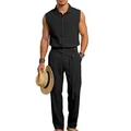 Vista completa del conjunto de lino de verano para hombre con camisa sin mangas negra - S / Top Y Pantalón / Negro
