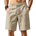 Close-up of men's beige linen casual shorts with elastic drawstring waist. - S / Bottoms / Khaki