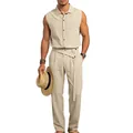 Conjunto casual de verano para hombre de mezcla de lino con camisa sin mangas y pantalón - S / Top Y Pantalón / Caqui