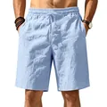 Macro view of light blue men's breathable linen casual beach shorts with drawstring waist - Light Blue