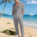 Ανδρικό γκρι λινό σετ παραλίας με μακρυμάνικο πουκάμισο με κουκούλα και χαλαρό παντελόνι - S / Τοπ Και Παντελόνι / Γκρι