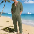 Ensemble de plage pour hommes en lin vert olive avec sweat à capuche et pantalon. - Vert Militaire