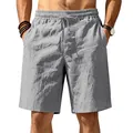 Detailed view of men's loose light grey linen beach shorts featuring drawstring - S / Bottoms / Gray