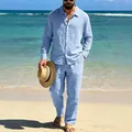 Full view of men's light blue linen shirt and pants set on a tropical beach landscape - Light Blue