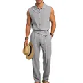 Conjunto de lino gris para hombre con camisa sin mangas y pantalón de tejido transpirable - S / Top Y Pantalón / Gris