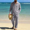 Stylish men's relaxed grey linen long sleeve shirt and pants two-piece beach vacation set - S / Top And Bottom / Gray