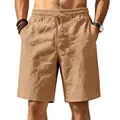 Detailed view of khaki linen shorts with elastic drawstring waist on model for beach wear - Caramel color