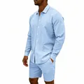 Ensemble de loisirs pour hommes en lin bleu clair avec chemise manches longues et short - M / Haut Et Bas / Bleu clair