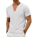 Close-up of men's white V-neck linen shirt showing relaxed fit and breathable texture - S / Tops / White