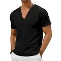 Detail of men's casual black V-neck linen short sleeve shirt with breathable fabric - S / Tops / Black