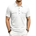 Close-up of white jacquard knit polo shirt featuring double chest pockets and button collar - S / Tops / White