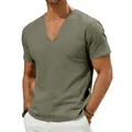 Detail view of men's minimalist olive green linen V-neck short sleeve casual t-shirt - S / Tops / Army Green
