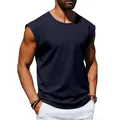 Front view of premium navy blue sleeveless tank top for men featuring a loose round neck fit - Navy Blue
