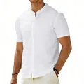 Close-up detail of white men's breathable linen short sleeve shirt with stand collar - S / Tops / White