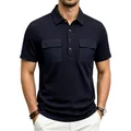 Detail of men's navy blue jacquard polo shirt with workwear pockets and lapel collar - S / Tops / Navy Blue