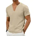 Macro detail of men's casual V-neck short-sleeved linen t-shirt in a breathable khaki fabric - Khaki