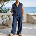 Full-body detail of men's navy blue linen sleeveless shirt and matching trousers set - Navy Blue