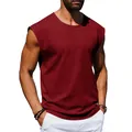 Detail view of men's loose burgundy sleeveless tank top with a casual round neck - Burgundy