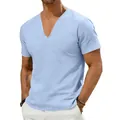 Macro detail view of a men's light blue casual V-neck linen short sleeve summer t-shirt. - Light Blue