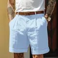 Light blue men's breathable pleated linen shorts for summer leisure - Light Blue