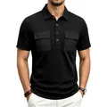 Detail of men's black jacquard polo shirt featuring dual cargo pockets and textured fabric - S / Tops / Black