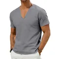 Close-up of men's casual V-neck gray linen short sleeve t-shirt showing fabric texture - Dark Gray