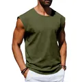 Detailed macro view of an olive green sleeveless men's tank top featuring a relaxed crew neck design - Army Green