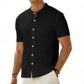 Detail view of men's black linen stand collar shirt with white buttons - S / Tops / Black