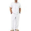 Lässiges Herren-Set aus weißem Leinen: Kurzarm-Poloshirt und passende lange Hose. - S / Oberteil Und Unterteil / Weiß