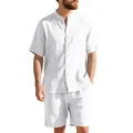 Vista dettagliata del set da spiaggia in lino bianco da uomo con camicia con collo henley - Taglia S / Top E Pantaloni / Bianco