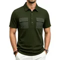 Front detail of men's olive green jacquard Polo shirt with double chest pockets. - S / Tops / Army Green