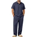 Komplette Ansicht des dunkelblauen Leinen-Poloshirts und der langen Hose für Herren - Marineblau
