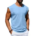 Close-up detail shot of a light blue sleeveless casual cotton tank top for active men. - Light Blue