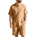 Completo da uomo in lino da 2 pezzi con camicia a maniche corte Henley e pantaloncini. - Taglia S / Top E Pantaloni / Grigio