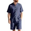 Premium ανδρικό σετ από μπλε λινό με πουκάμισο Henley και ασορτί σορτς για καλοκαιρινή παραλία - Ναυτικό μπλε